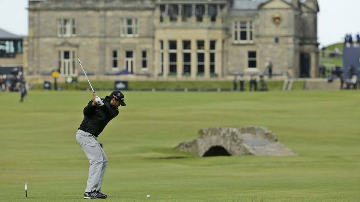 Jason Day plays the 18th hole during the third round at the Open at St Andrews.  Photo: David J. Phillip