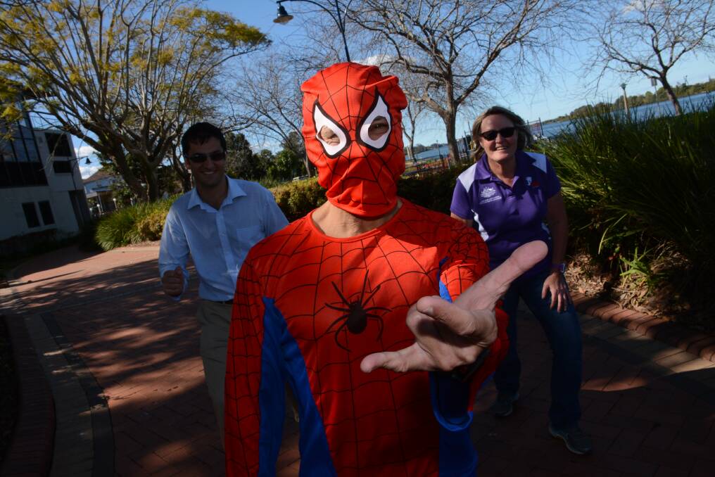 WALK 4 WILLIAM: Parkrunners Gabe Longa, Adrian Axisa as spiderman and director of Taree parkrun Marg Lewis. Parkrun is choosing to theme its weekly run 'Walk 4 William' themed to compliment the other local events in Taree, Harrington and Forster/Tuncurry.