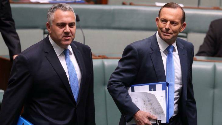 Prime Minister Tony Abbott and Treasurer Joe Hockey arrive for question time at Parliament House in Canberra. Photo: Andrew Meares