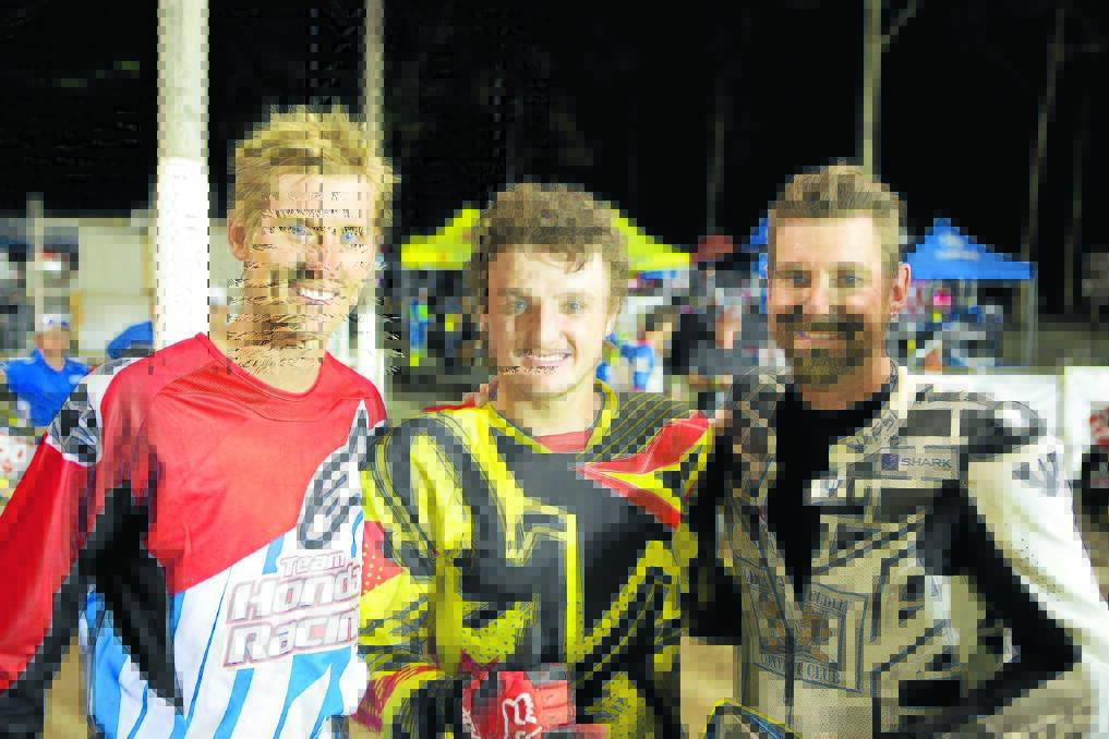 Damian Cudlin (right) chats with Troy Herfoss and Jack Miller at this year's Troy Bayliss Classic. Cudlin is currently undergoing treatment for a shoulder injury sustained while racing in the European Superbikes last month.