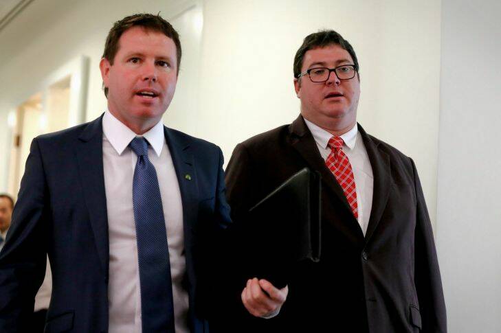 Nationals MPs Andrew Broad and George Christensen depart after the joint party room meeting at Parliament House in Canberra on Monday 18 July 2016. Photo: Alex Ellinghausen
