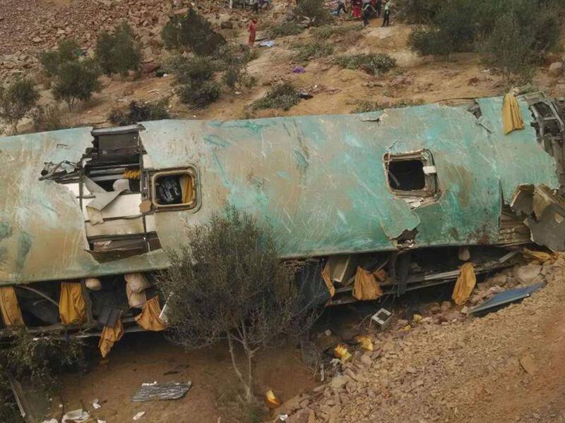 The wreckage of the bus lays at the bottom of a cliff in Arequipa, Peru.