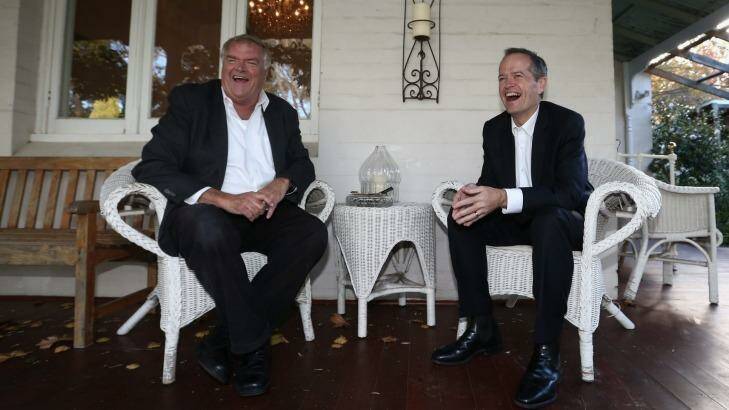 Opposition Leader Bill Shorten chats with former Labor leader Kim Beazley on the front porch of his home in Perth.  Photo: Alex Ellinghausen