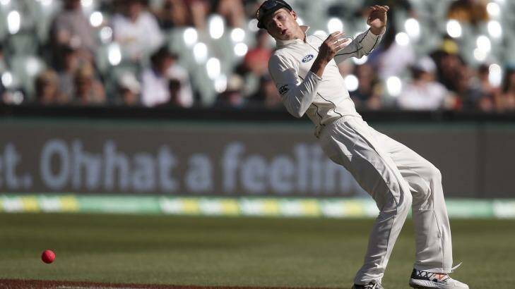 New Zealand's Mitchell Santner drops a chance to catch Steve Smith at the Adelaide Oval.