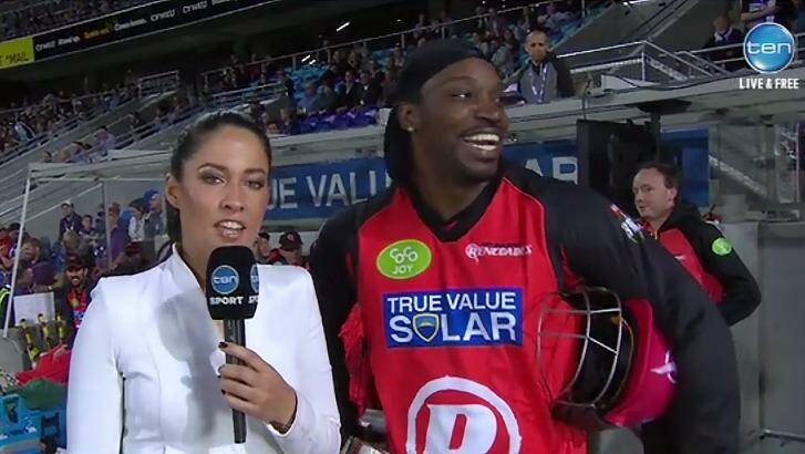 Infamous moment: Chris Gayle and ''that'' interview with Mel McLaughlin. Photo: Channel Ten
