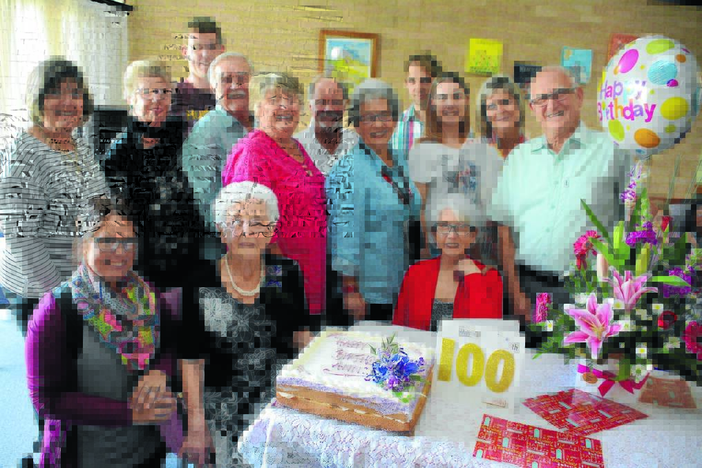 Happy 100th: Ann Rowsell cekebrates her 100th birthday at Bushland Place with Shari Rowsell, Robyne Smith, Matthew Allen, Allan Rowsell, Glenys Grimmett, Roger Grimmett, Gwen Johnson, Nick Azzopardi, Naomi Rowsell, Casandra Rowsell, Keith Rowsell, Sarah Rowsell and Bonita Lindfield.