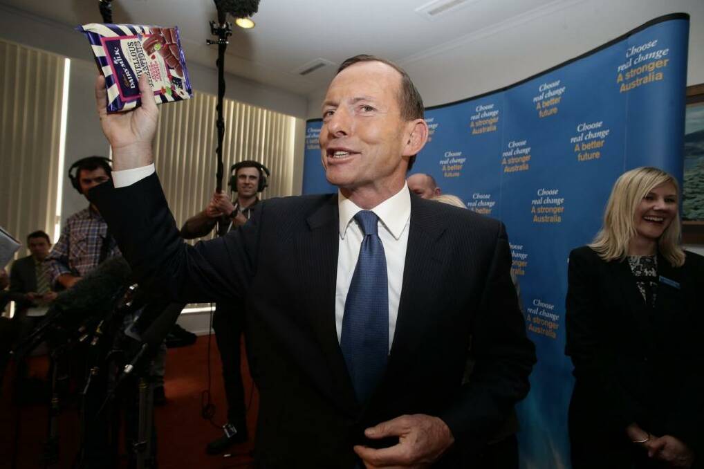 Tony Abbott, then opposition leader, at the Cadbury factory in Hobart during the 2013 election. Photo: Alex Ellinghausen