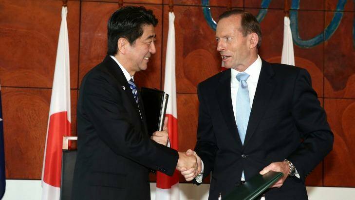 Prime Minister Tony Abbott and Japanese Prime Minister Shinzo Abe during the signing of the Japan-Australia Economic Partnership Agreement in July  last year. Photo: Alex Ellinghausen