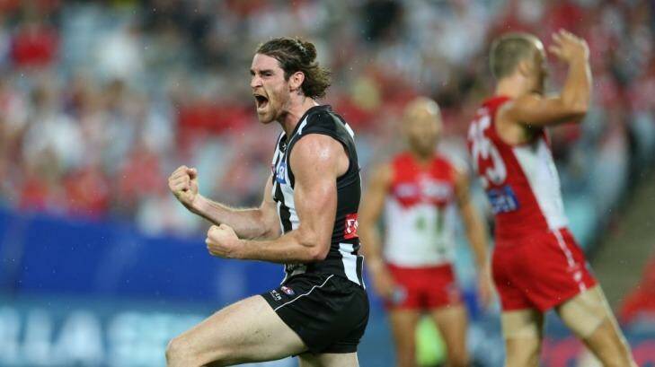 Collingwood's Tyson Goldsack celebrates a goal in the win over Sydney at ANZ Stadium. Photo: Anthony Johnson