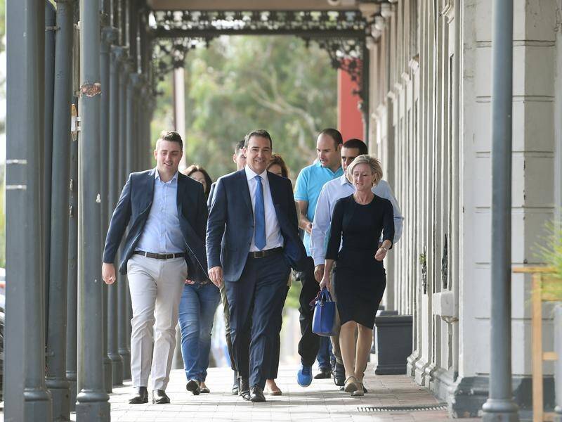 Newly elected South Australian Premier Steven Marshall with his frontbenchers on Sunday.