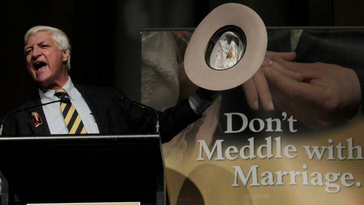 Then-independent MP Bob Katter at the "Don't meddle with marriage" rally in Canberra in 2011, where he supported cause by auctioning his hat. Photo: Alex Ellinghausen