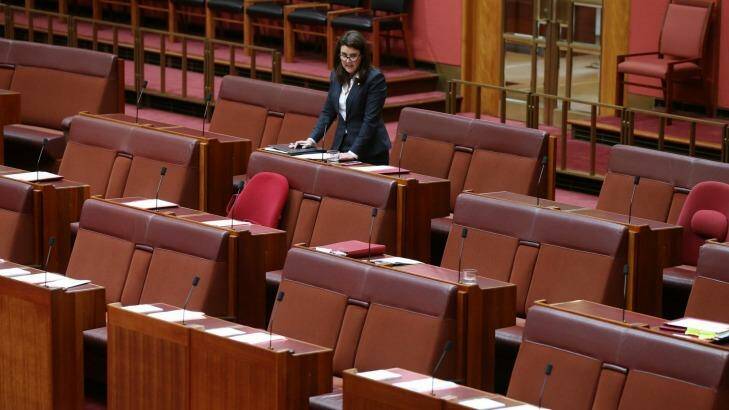 Senator Jane Hume speaks to a near-empty Senate at Parliament House in Canberra. Photo: Andrew Meares