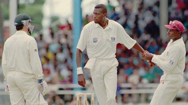 West Indies cricket captain Richie Richardson, right, pulls away his fast bowler Curtly Ambrose after an altercation with Australian batsman Steve Waugh.