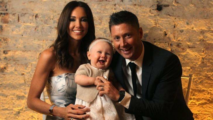 Former Australian captain Michael Clarke with his family at his book launch. Photo: Ben Rushton
