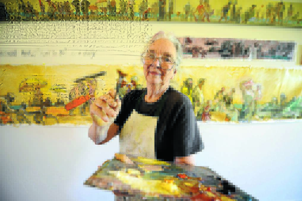 Jocelyn Maughan is painting a scene of Black Head beach at the Manning Regional Art Gallery. Her fondness for painting beach scenes began as a child where following WWII her family would take a return trip on the train to the beach at Cronulla.