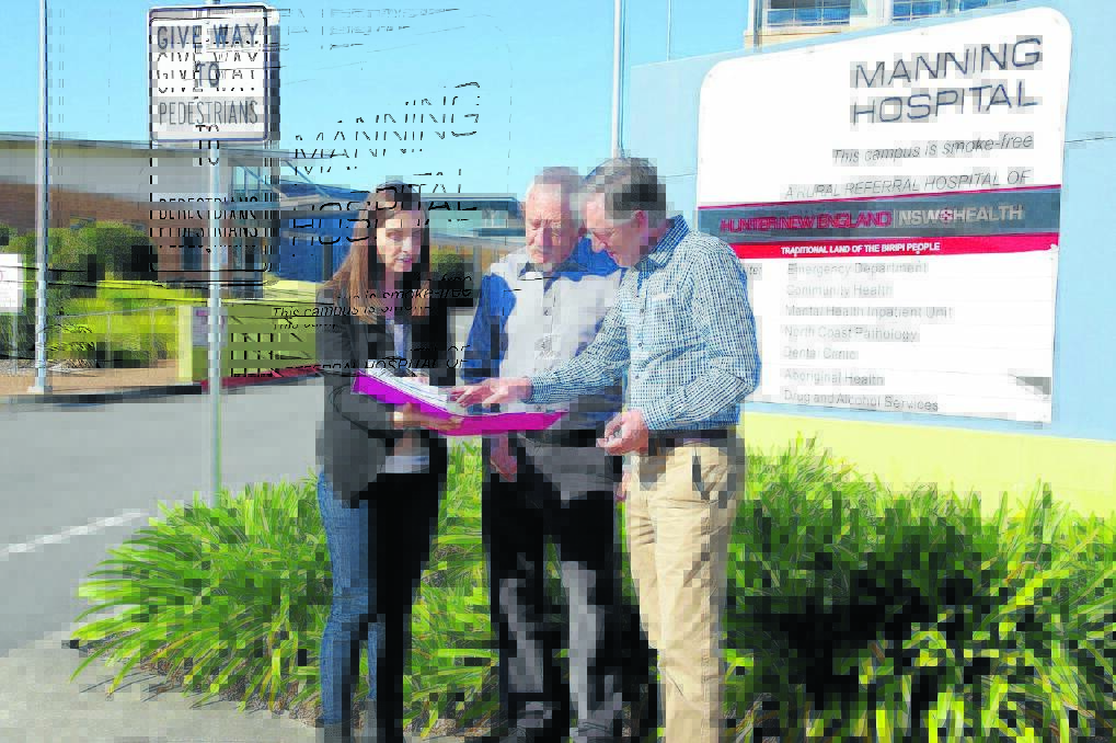 5410 signatures: Dr David Keegan and Manning Health Committee chair, Don Macinnis OAM present the petition to Courtney Houssos MLC at Manning Hospital.