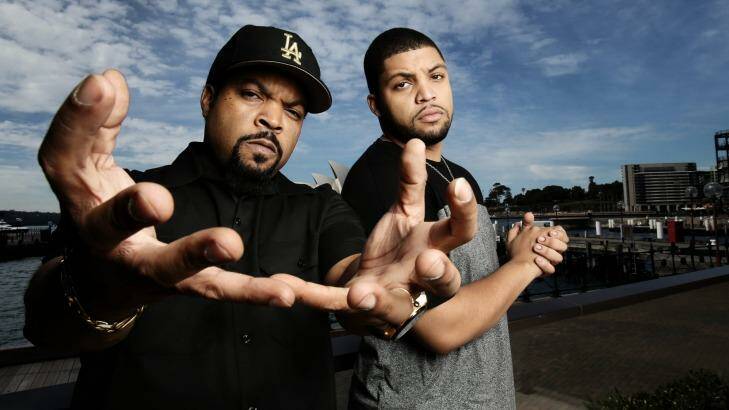 Rapper Ice Cube and his son O'Shea Jackson in Sydney , who are here to promote the film Straight Outta Compton. Photo: Louise Kennerley