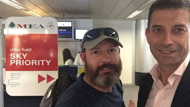 Adam Whittington (left) at Beirut airport with his lawyer Joe Karam as he prepares to fly out of Lebanon. Photo: Supplied