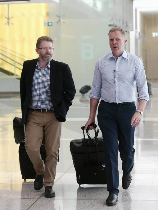 Special Minister of State Scott Ryan and Speaker Tony Smith arrive at Canberra Airport ahead of the Parliamentary sitting week, in Canberra on Sunday 15 October 2017. fedpol Photo: Alex Ellinghausen 