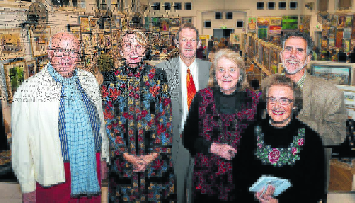 Pictured at left: Patron Colin Rose, deputy president of the NRMA Wendy Machin (who opened the exhibition), patron Mike Collins, patron Mave Richardson, Taree Artists president Beryl Moriarty and judge James White AWI.