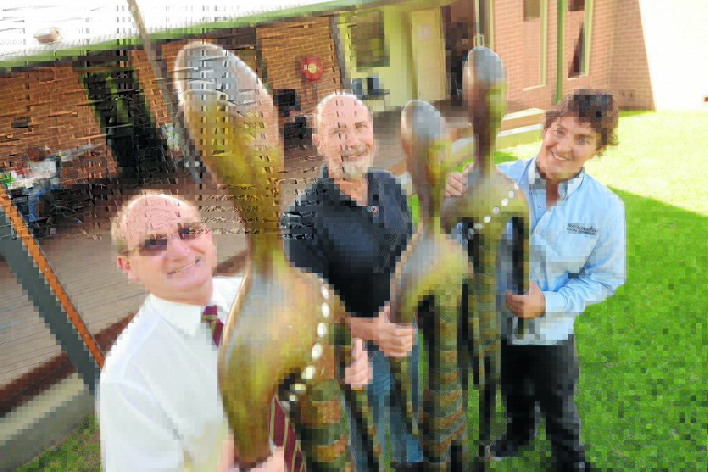 Three men who are involved in the process of bringing the Three Brothers sculpture back to the main street of Taree: Tidy Up Taree organiser Graham Brown, Tidy Up Taree art committee member John Roetman and sheetmetal fabricator, Lee Black from Shearwater Marine Engineering.