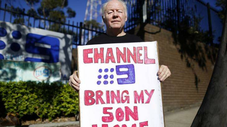 David Whittington protests the headquarters of Channel Nine headquarters in Sydney. Photo: David Moir