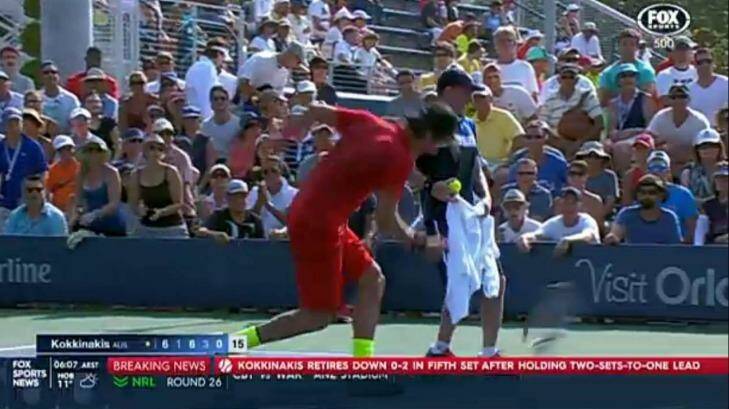 Thanasi Kokkinakis throws his racquet into the ground in frustration after cramp foiled a potential upset of Richard Gasquet. Photo: Screengrab