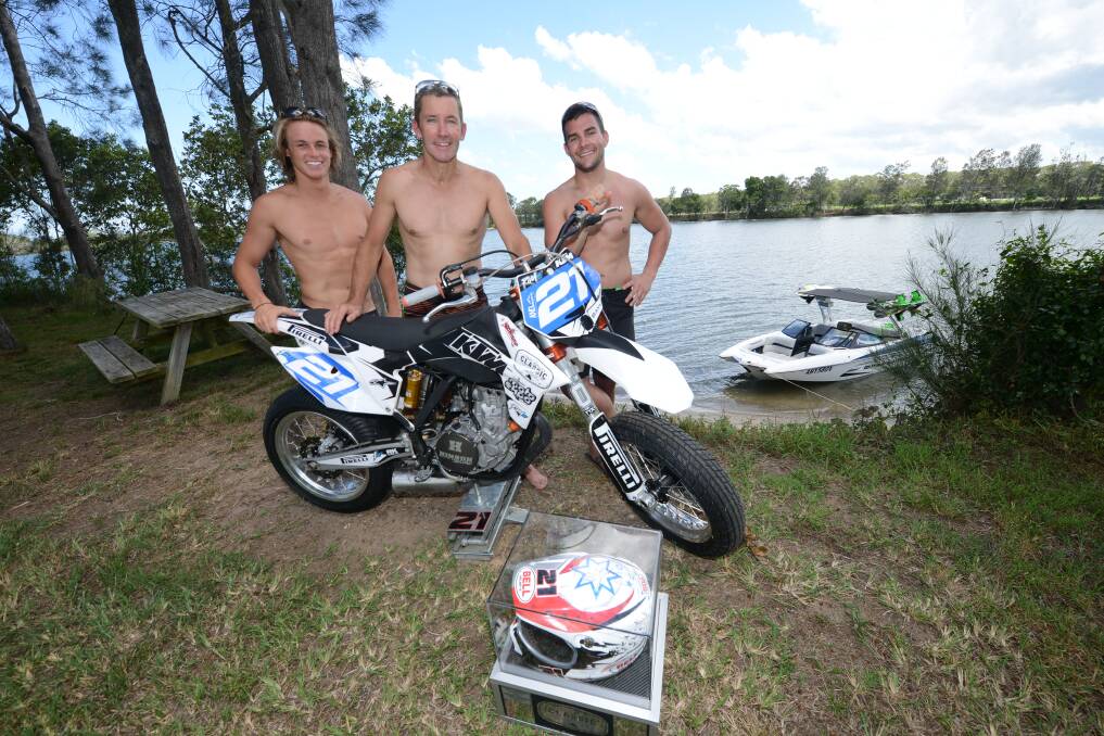 Josh Hook (left) with Troy Bayliss and Jared Mees in the lead-up to the Troy Bayliss Classic last January. Hook is currently contesting the Japanese Superbike Championship.
