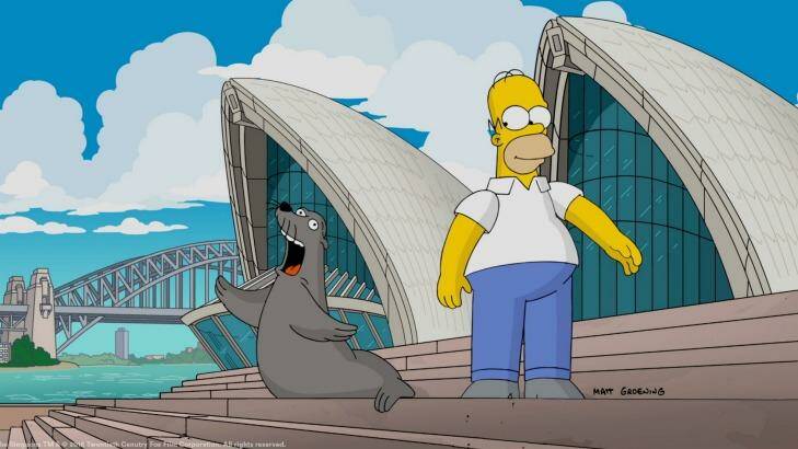 Homer meets the famous Opera House seal in a special cartoon for Matt Groening's visit to Sydney. Photo: Matt Groening