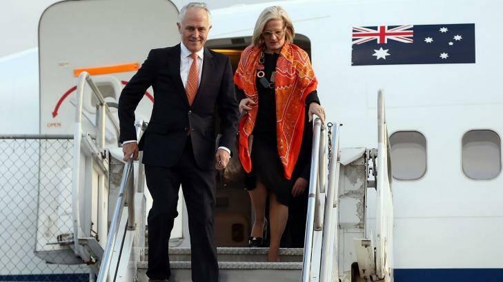 Australian Prime Minister Malcolm Turnbull arrives with his wife Lucy Turnbull at the Auckland International Airport. Photo: Michael Bradley