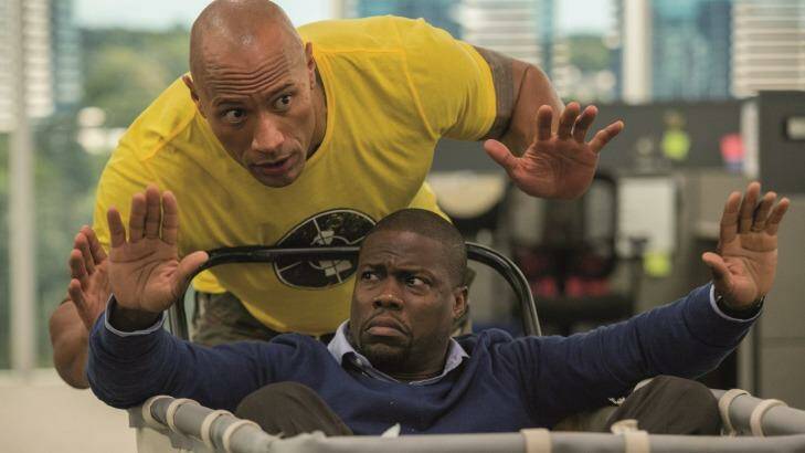 Dwayne Johnson, as Robbie Weirdicht, and Kevin Hart, as Calvin Joyner, in <i->Central Intelligence</i>. Photo: Claire Folger