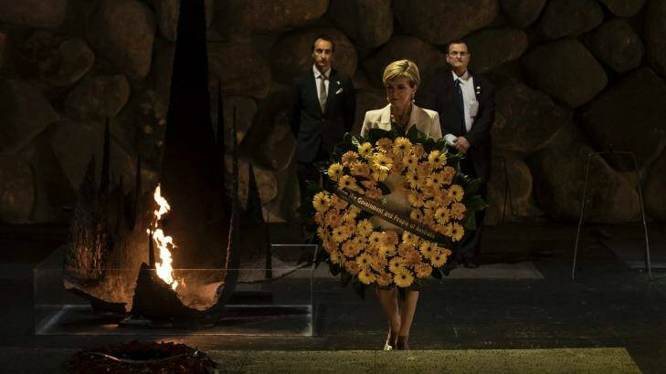 The Foreign Minister of Australia Julie Bishop lays a wreath during a ceremony at the Hall of Remembrance at Yad Vashem Holocaust Museum in Jerusalem. Photo: AP Photo/Tsafrir Abayov