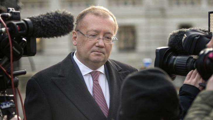 Ambassador of the Russian Federation Alexander Yakovenko speaks to the media after being summoned to the Foreign Office in London. Photo: PA