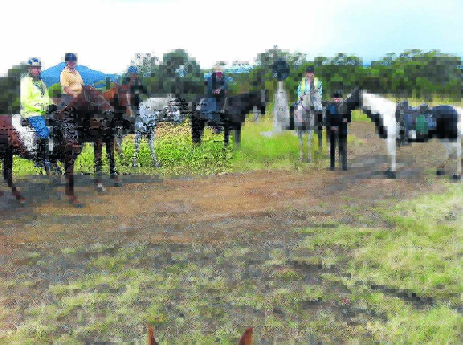Keith Sumpner, Margaret Jacka, Jan Wade, Ritchie Roberts, Clemmy Wise and Michele Georgiou of Manning Trail Horse Riders Club enjoy the view at Vincent's Lookout, Coopernook.