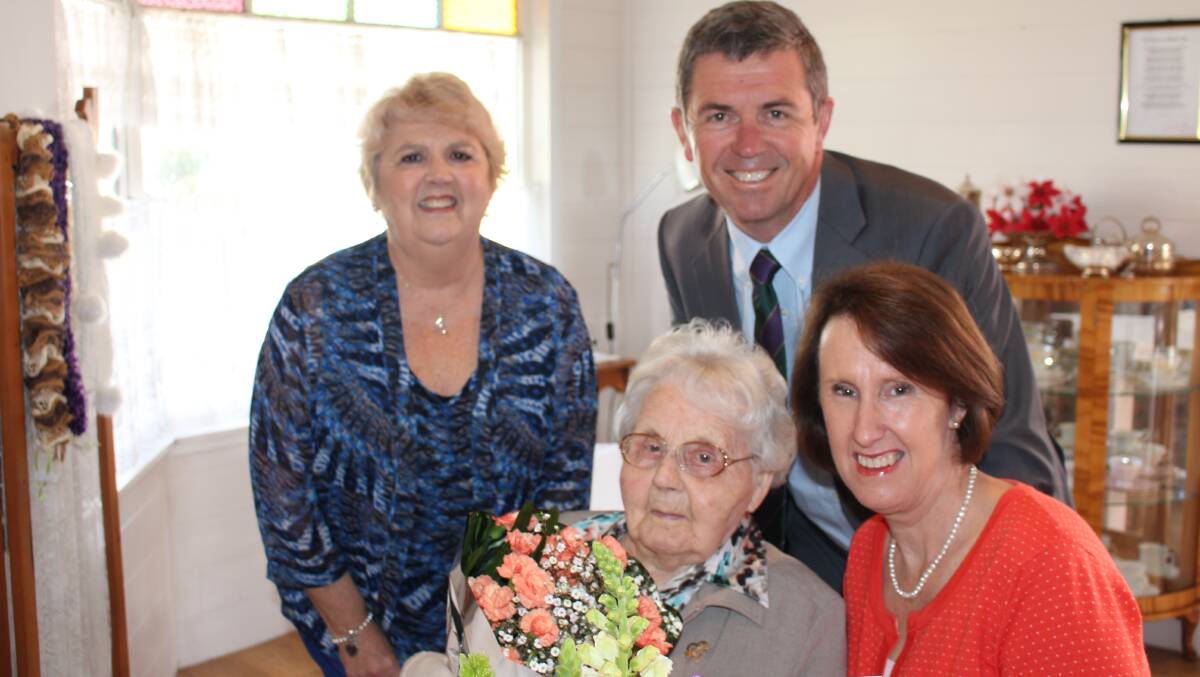 Rita Hunt marked her 100th birthday with morning tea at Moorland Cottage, accompanied by her daughter June Pieschel, federal MP David Gillespie and State MP Leslie Williams.