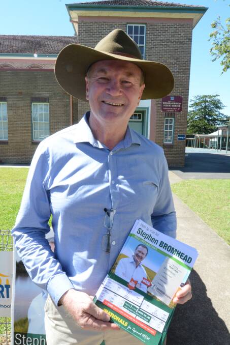 Member for Myall Lakes, Stephen Bromhead retained his seat for the Nationals. He is pictured on election day at Wingham. 
