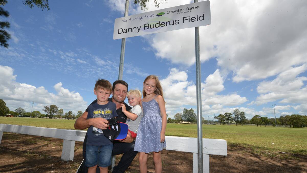 League great Danny Buderus with his children Lachie, Jack and Ella after the ceremony to officially name the Danny Buderus Field at Taree Recreation Centre.