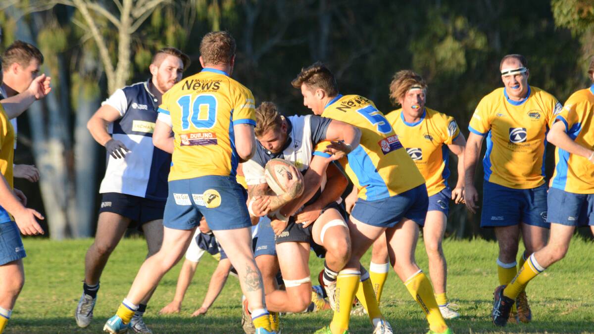 Myall Coast defenders move in on Manning Ratz captain Sam Hartnett during a recent match at Taree. The Mudcrabs would be unlikely to play in an expanded competition taking in clubs in the Coffs Harbour area.