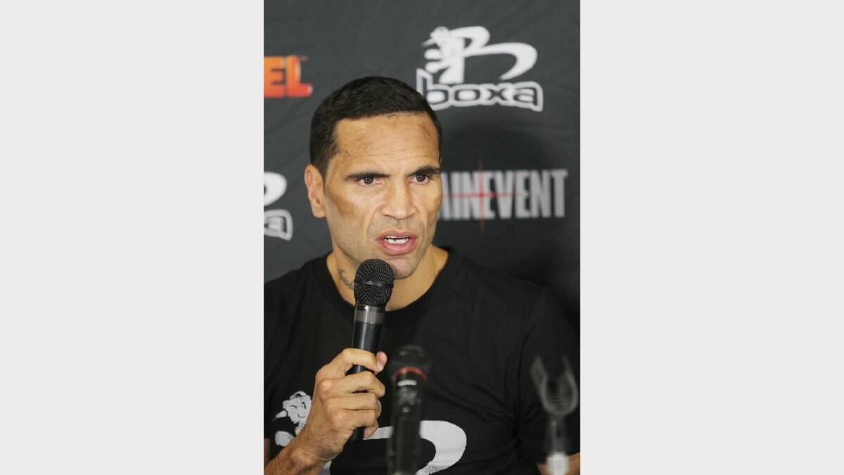 Anthony Mundine  at the weigh-in at the Newcastle Entertainment Centre on Tuesday ahead of Wednesday's fight. Picture: Ryan Osland