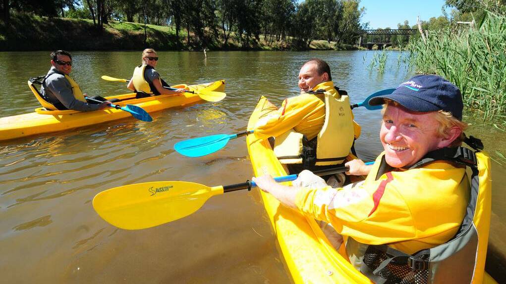 DUBBO Ready to paddle on the annual marathon canoe trip along the Macquarie river from Wellington to Narromine are Matt Wright and Maria Trumper with Phill Harding and Andrew Mackay. Photo LOUISE DONGES