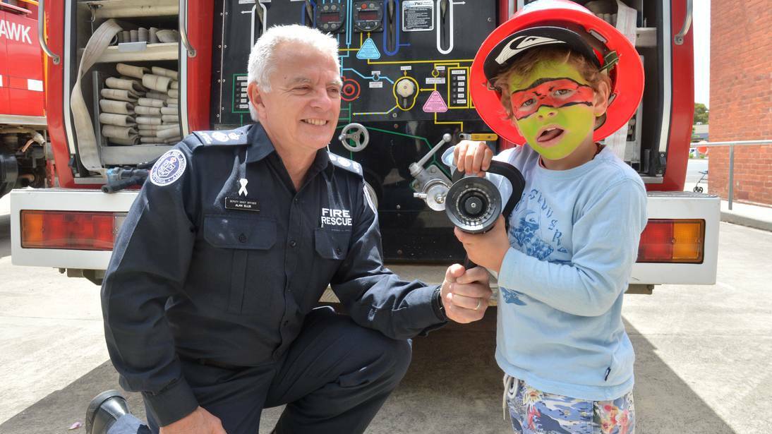 Eaglehawk CFA, CFA Deputy Chief Officer Alan Ellis and Cale Hinton. CFA fire brigades throw open their doors this weekend to the community. Picture Peter Weaving