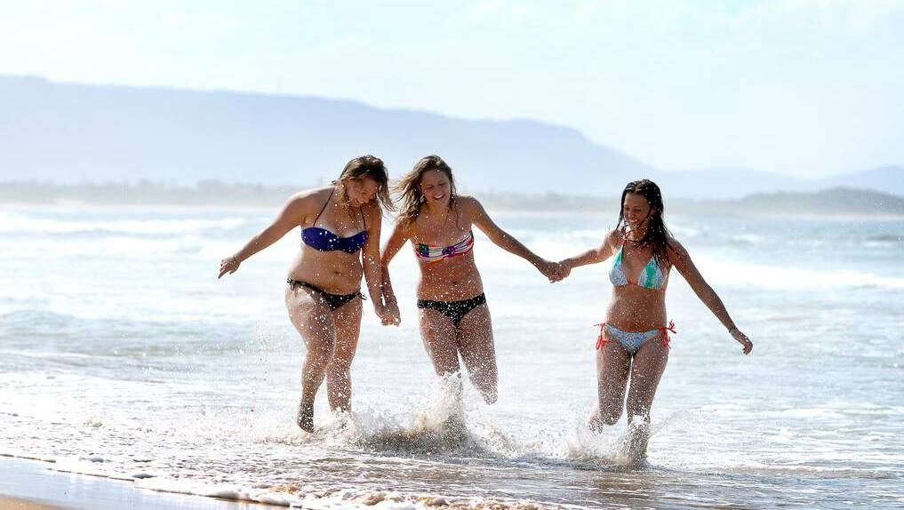 Naomi Bye, Rachel Tanner and Johanna Ronnberg at North Gong Beach on September 1. Picture SYLVIA LIBER