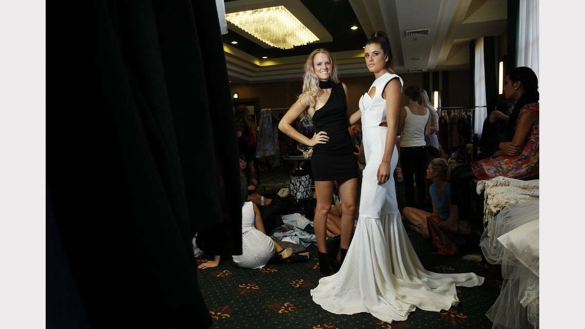 Designer Meg Wilcher backstage with Kira Dalmazzone, who is modelling a Wilcher creation called Legs On Tap. Picture Max Mason-Hubers.