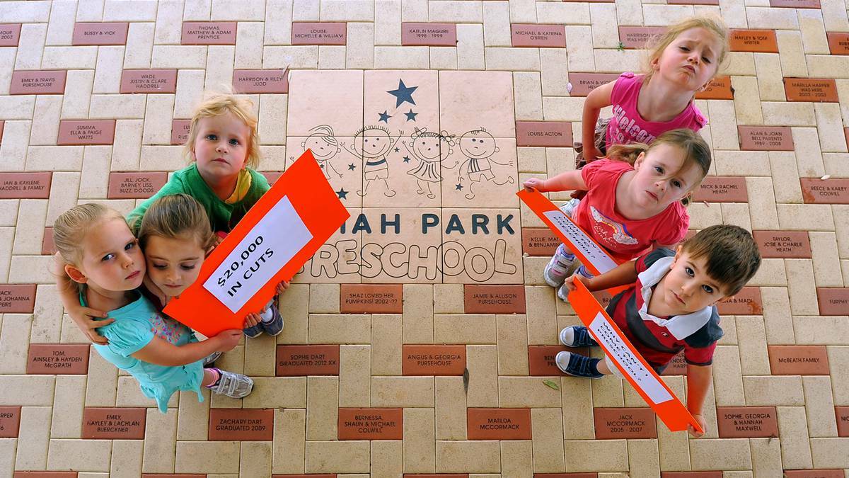 Under the new funding cuts, Lillian Oliver, Johanna Speirs and Georgia Maxwell can go to preschool at Ariah Park, but Paige Watts, Amelia Haddrill, and Hugo Harper can't. Picture Addison Hamilton