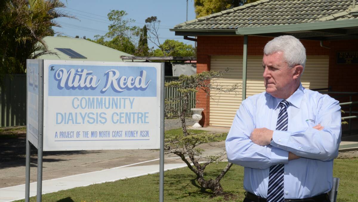 Greater Taree City mayor Paul Hogan outside the Nita Reed community dialysis centre earlier this month. He said he is pleased Hunter New England Health will be holding more discussions on the future of the service.
