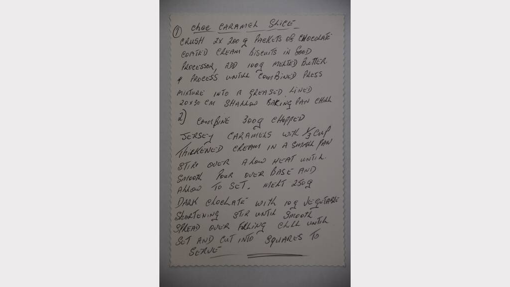 Betty Mayers' handwritten recipe for Chocolate Caramel Slice - we'll treasure it here in the office!