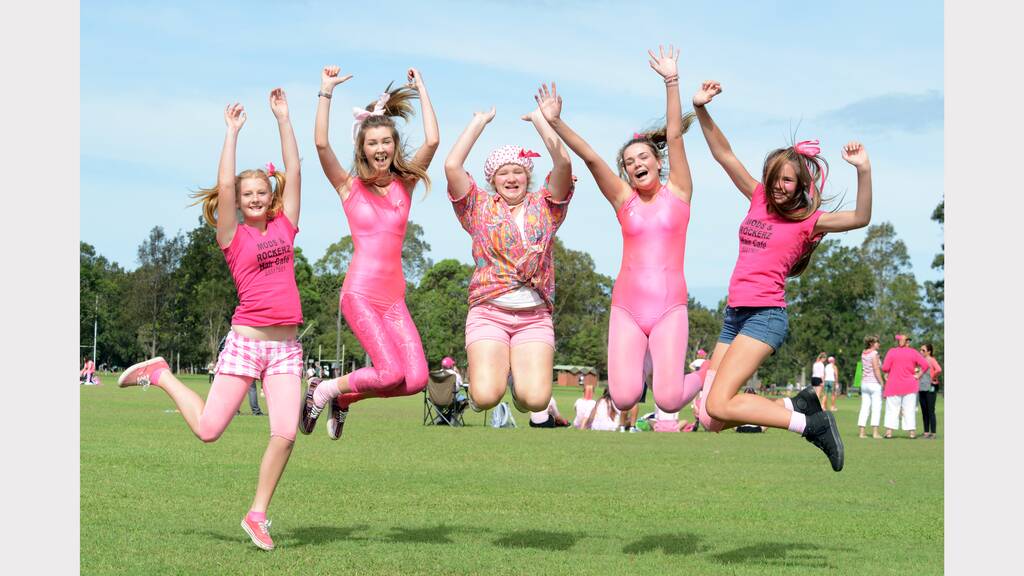 High fives: Paige Brett, Gemma Doran, Zoe Dargan, Rachel Emmett and Eliza Lattimore at Chatham High's Pink Stumps Day.