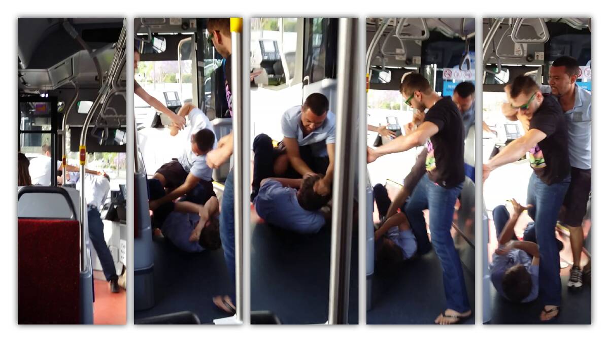 Screen grabs from a phone video shot by a passenger on the bus. Police are asking for the passenger in the black t-shirt who intervened to assist the driver to contact them via Crime Stoppers on 1800 333 000.