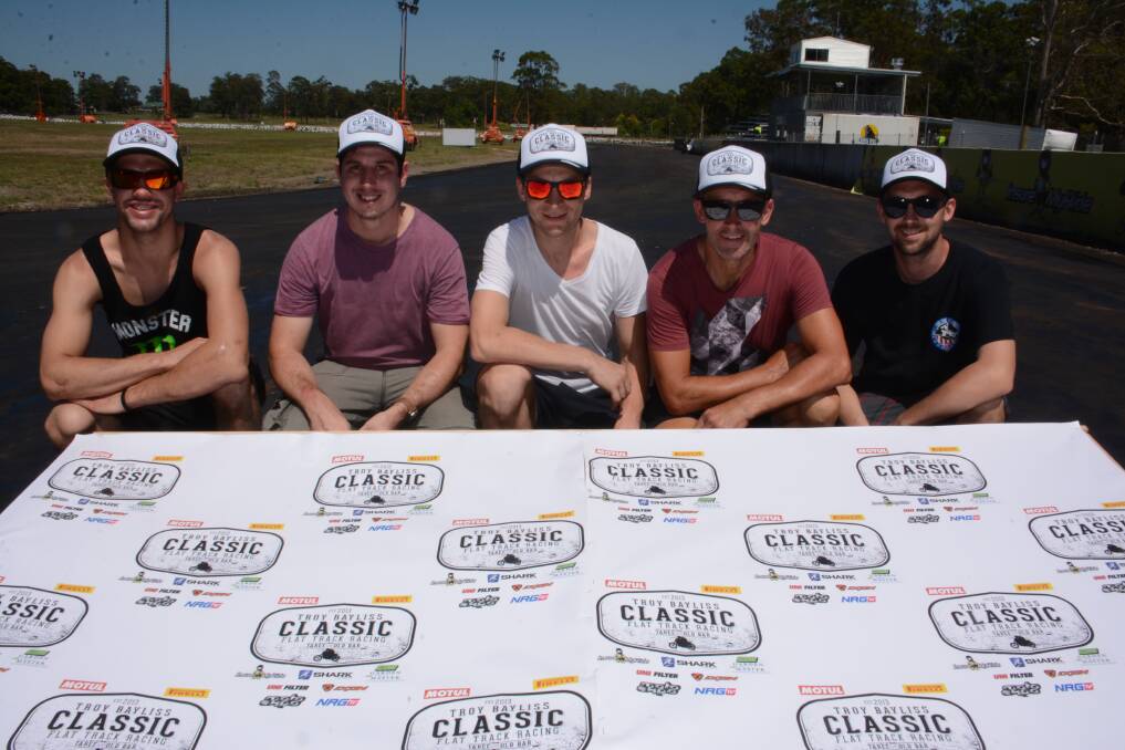 Getting ready to race: Troy Bayliss (second from the right) with some of the international riders who will contest tomorrow's Troy Bayliss Classic (from left) Brad Baker, Chris Hodson, Joonas Kylmakori and Jake Johnson. 
