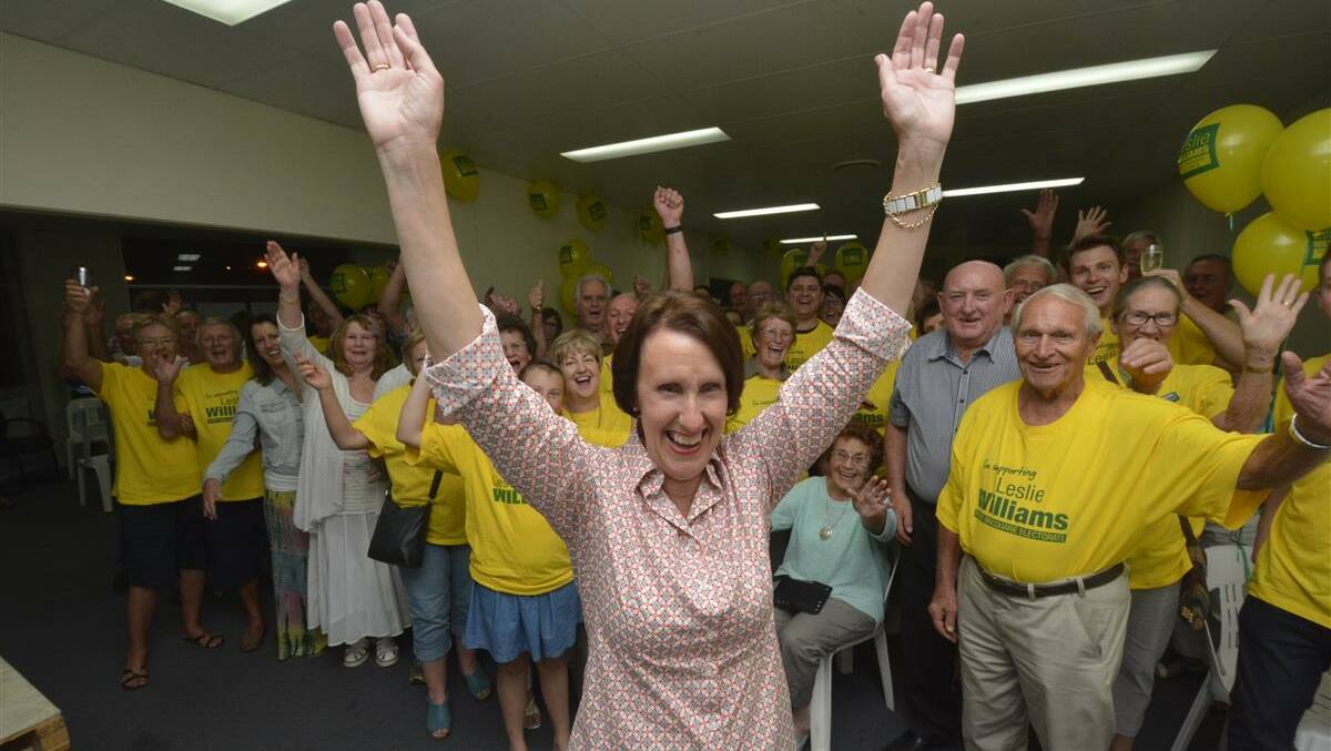 Leslie Williams celebates with supporters in Port Macquarie.